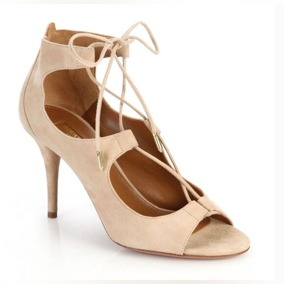 Aquazzura Christy lace up strappy heels suede beige nude open toe womens 39 - Picture 1 of 11